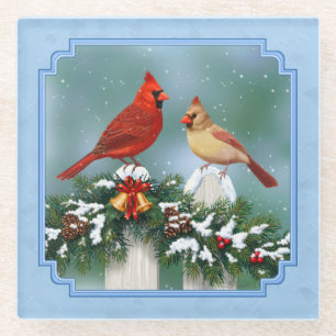 Holiday Cardinals & Christmas Garland Glass Coaster