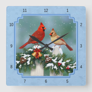 Holiday Cardinals & Christmas Garland Square Wall Clock