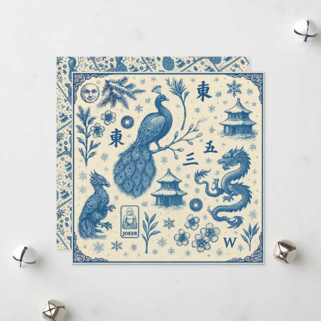 Holiday Cards - Mahjong Toile - Flat Two Sided (Front/Back In Situ)