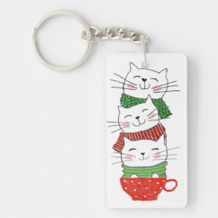 Holiday Cats Cup Scarves Cartoon Cute Keychain
