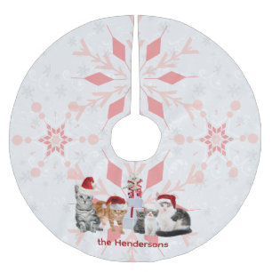 Holiday Cats Custom Red and Pink Snowflake Brushed Polyester Tree Skirt