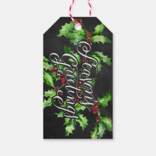 Holiday Chalk Green Holly Branch Seasons Greetings Gift Tags