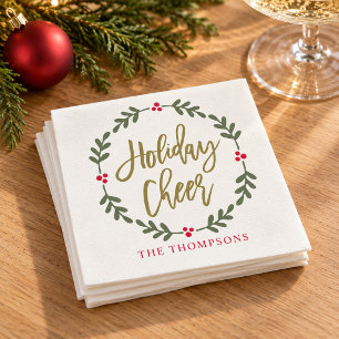Holiday Cheer Gold Script Wreath Family Name Napkin