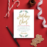 Holiday Cheer Modern Gold Script Christmas Party Invitation<br><div class="desc">Festive holiday party invitation design features modern antique gold "Holiday Cheer" script text with green leaves and red berry foliage accents. Personalize the custom text with preferred wording. Back of card includes a crimson red background background with white polka dots pattern.</div>