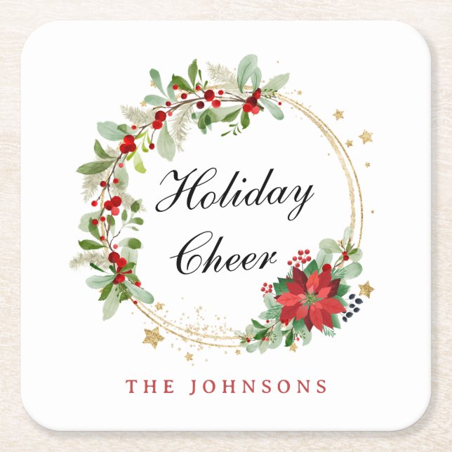 Holiday Cheer Poinsettia Wreath Gold Personalized Square Paper Coaster (Front)