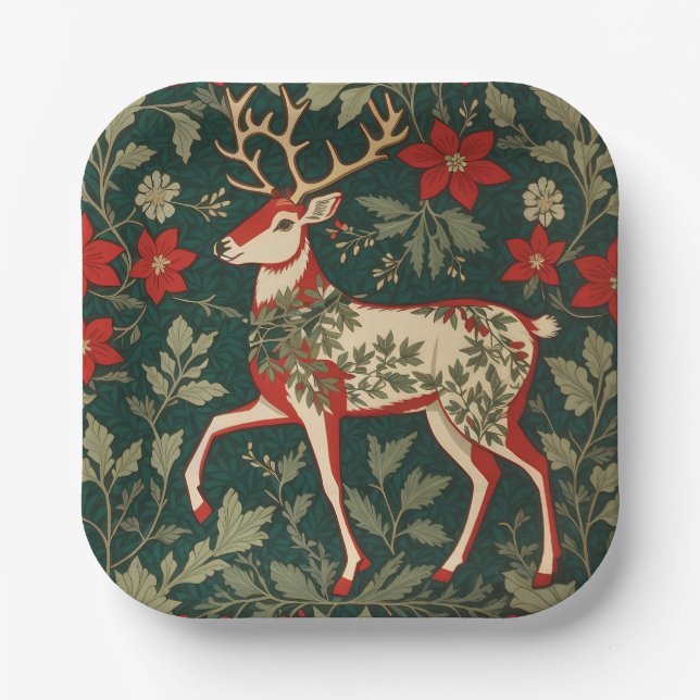Holiday Cheer Reindeer William Morris Inspired Paper Plate (Front)