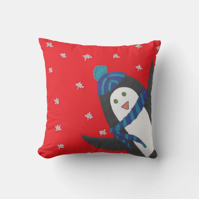 Holiday Cheers Penguin Throw Pillow (Front)