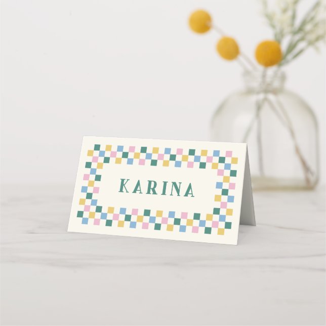 Holiday Chequerboard Christmas Place Card - Teal (Front)