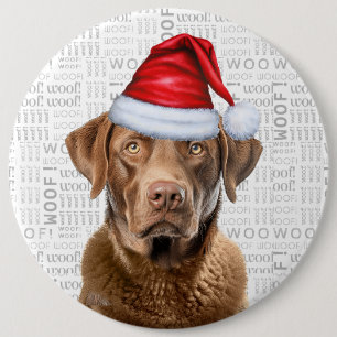 Holiday Chesapeake Santa Dog on Woof Background 6 Inch Round Button