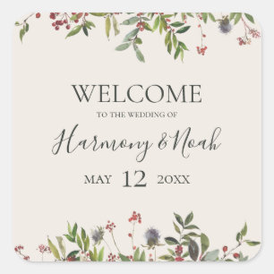 Holiday Chic Botanical Champagne Wedding Welcome Square Sticker