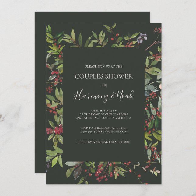 Holiday Chic Botanical | Dark Green Couples Shower Invitation (Front/Back)