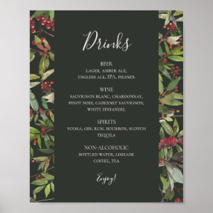 Holiday Chic Botanical   Dark Green Drinks Menu  Poster