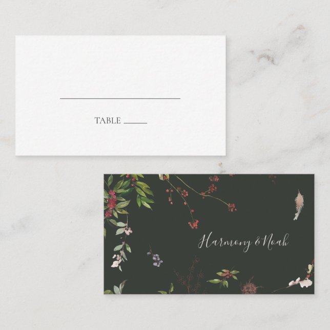 Holiday Chic Botanical | Dark Green Flat Wedding Place Card (Front/Back)