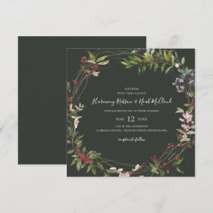 Holiday Chic Botanical Dark Green Square Wedding Invitation