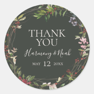 Holiday Chic Botanical Dark Green Thank You Favour Classic Round Sticker