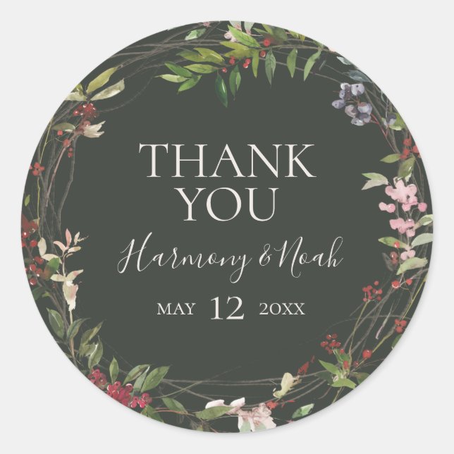 Holiday Chic Botanical Dark Green Thank You Favour Classic Round Sticker (Front)