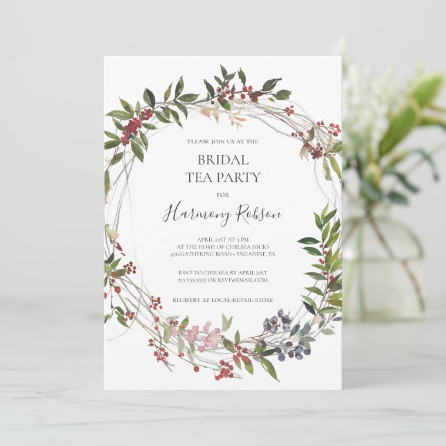 Holiday Chic Botanical White Bridal Tea Party Invitation (Standing Front)