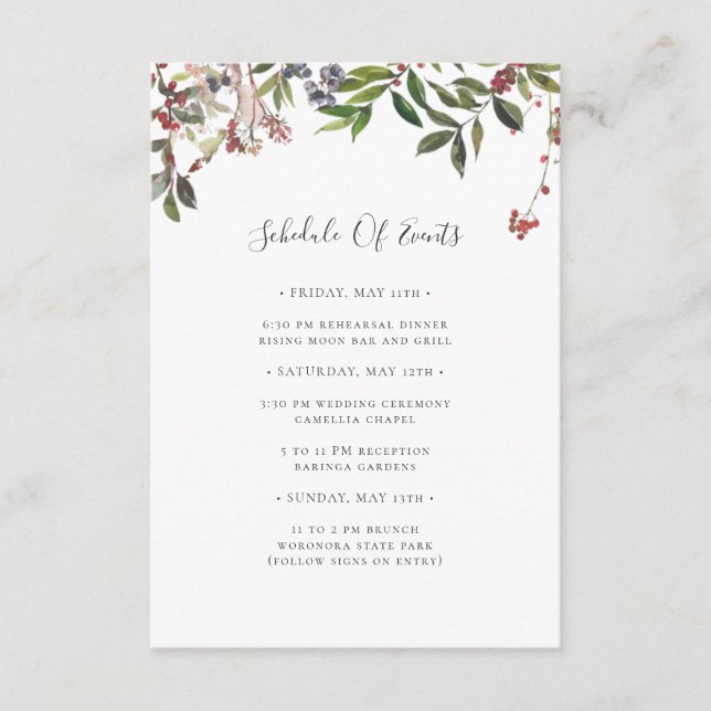 Holiday Chic Botanical | White Schedule of Events Enclosure Card (Front)