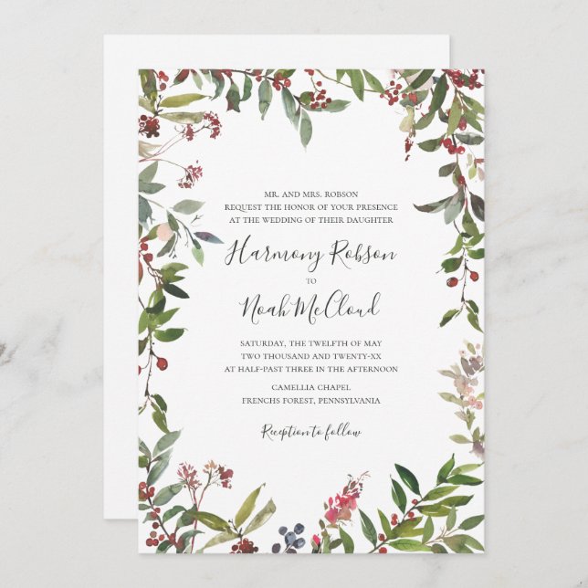 Holiday Chic Botanical | White Wedding Invitation (Front/Back)