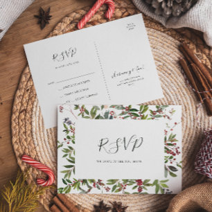 Holiday Chic Botanical   White Wedding RSVP Postcard