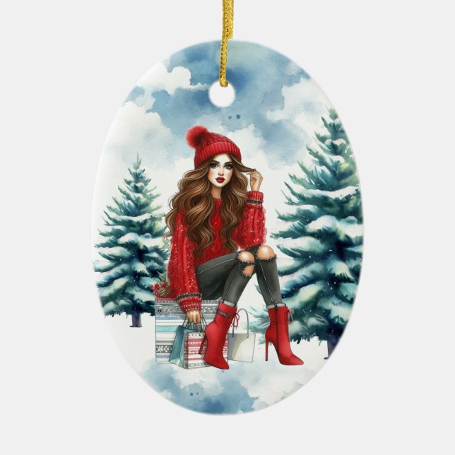 Holiday Chic Brunette Red Fashion Personalized Ceramic Ornament (Front)