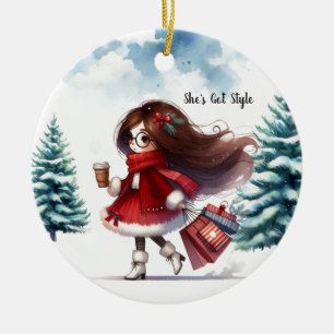 Holiday Chic Styled Brunette Fashion Personalized  Ceramic Ornament
