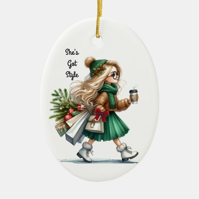 Holiday Chic Stylish Blonde Fashion Personalized  Ceramic Ornament (Front)