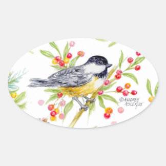 Holiday Chickadee Berry Branch Greeting Card Oval Sticker