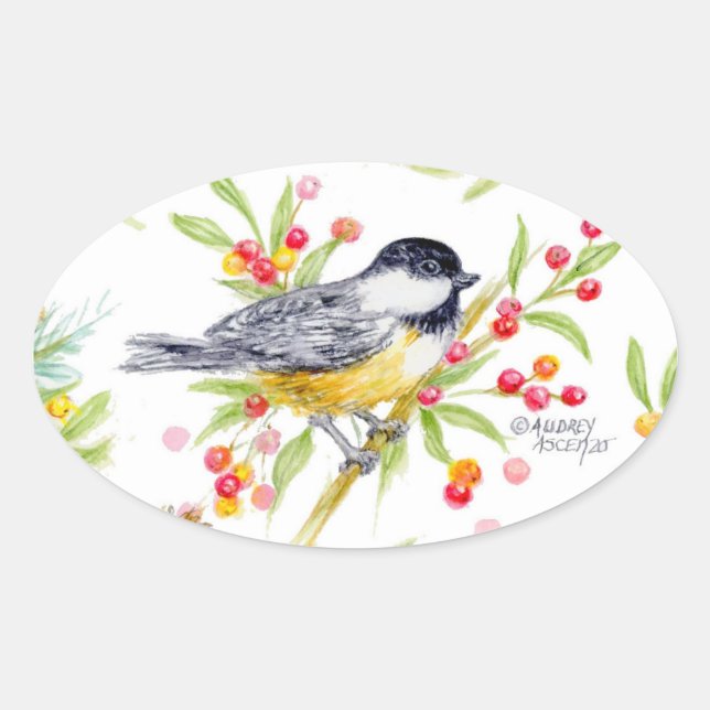 Holiday Chickadee Berry Branch Greeting Card Oval Sticker (Front)