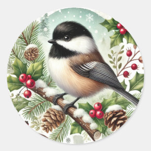 Holiday Chickadee Classic Round Sticker