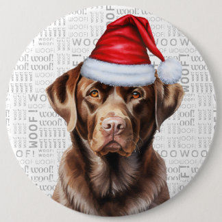 Holiday Chocolate Lab Dog on Woof Background 6 Inch Round Button