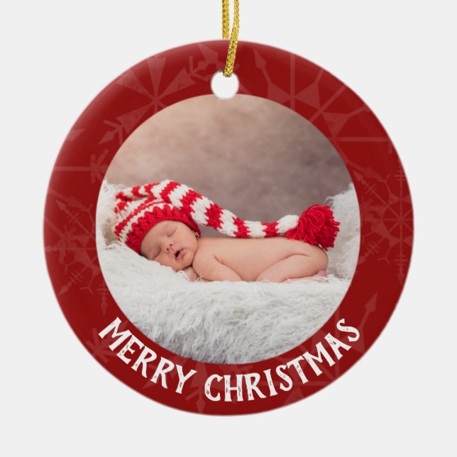 Holiday Christmas 2 Photo Year Red Snowflake Ceramic Ornament (Front)