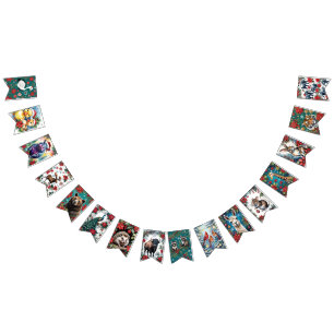 Holiday Christmas Animals With Poinsettias Bunting Flags