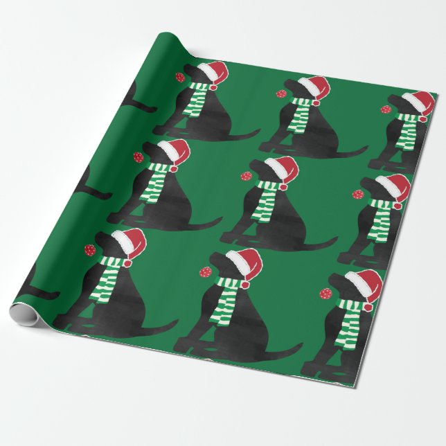 Holiday Christmas Black Lab Green Wrapping Paper (Unrolled)