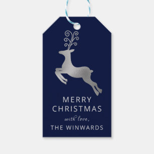 Holiday Christmas Blue and Silver Foil Reindeer Gift Tags