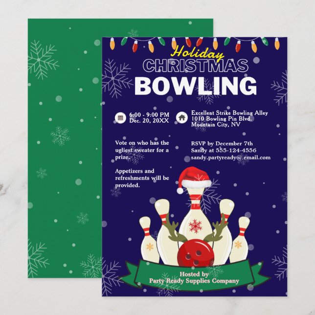 Holiday Christmas Bowling Blue & Green Snow Party Invitation (Front/Back)