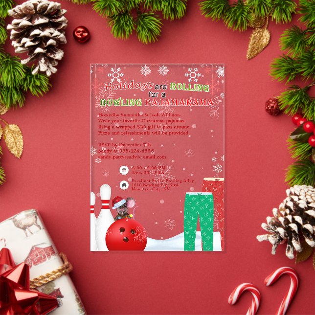 Holiday Christmas Bowling Pajama Pizza Party Acrylic Invitations (Insitu (Holiday))