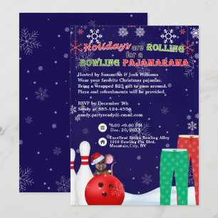 Holiday Christmas Bowling Pajama Pizza Party Blue Invitation