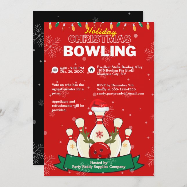 Holiday Christmas Bowling Red & Black Snow Party Invitation (Front/Back)