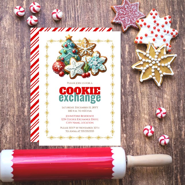 Holiday Christmas Cookie Exchange Party Invitation (Holiday Christmas Cookie Exchange party invitation front and back view.)