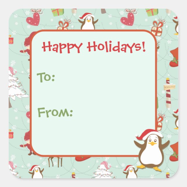 Holiday Christmas Gift Tag Stickers | Penguin (Front)