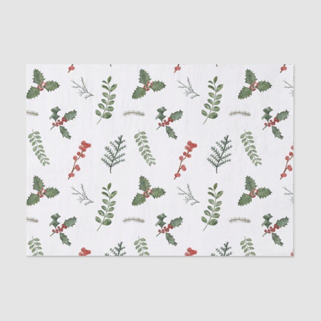 Holiday Christmas Greenery and Holly Berry Tissue Paper (Front)