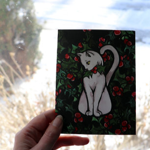 Holiday Christmas Holly White Cat Card