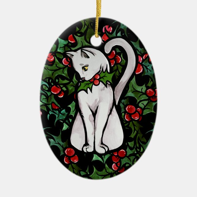 Holiday Christmas Holly White Cat Ceramic Ornament (Front)