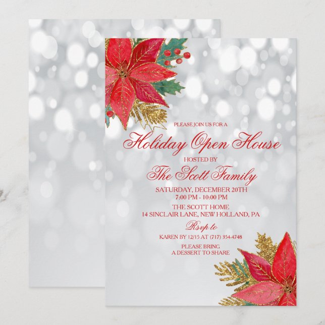 Holiday Christmas Open House Poinsettia Invitation (Devant / Derrière)