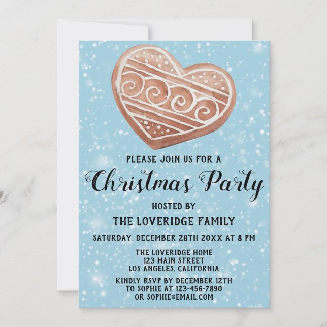 Holiday Christmas Party Heart Cookie Blue Snow Invitation (Front)