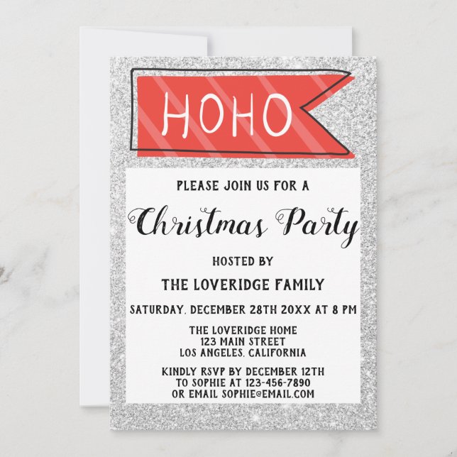 Holiday Christmas Party Red & Grey Silver Glitter Invitation (Front)