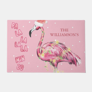 Holiday Christmas Pink Flamingo Personalized Fa La Doormat