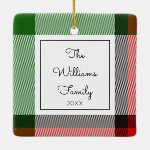 Holiday Christmas Plaid Keepsake Photo Family Name Ceramic Ornament