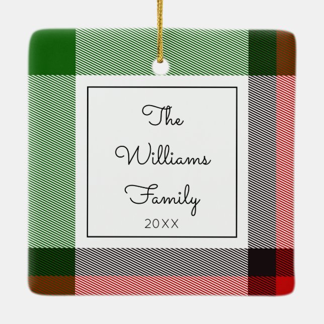Holiday Christmas Plaid Keepsake Photo Family Name Ceramic Ornament (Back)